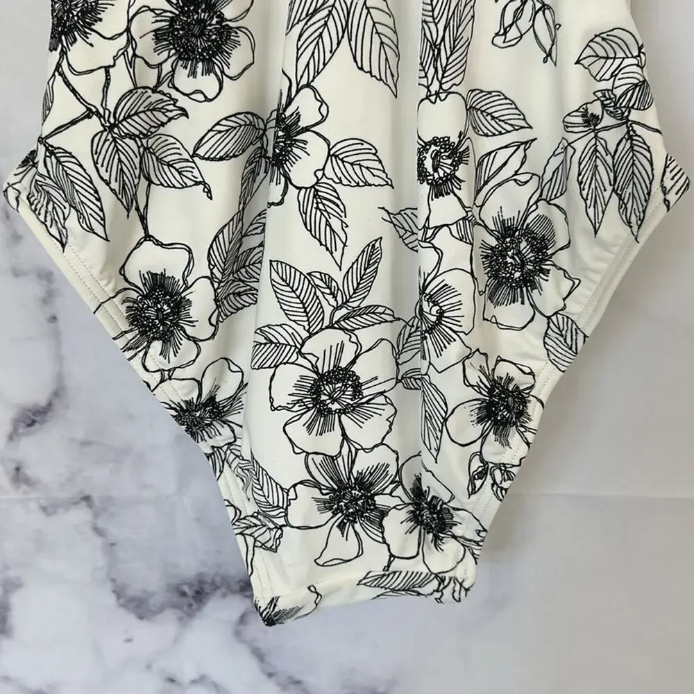 TOMMY HILFIGER Blossom White Black Ruffle Neckline One Piece Swimsuit Size 4
